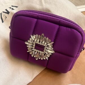 Purple Quilted Crystal Buckle Crossbody Bag